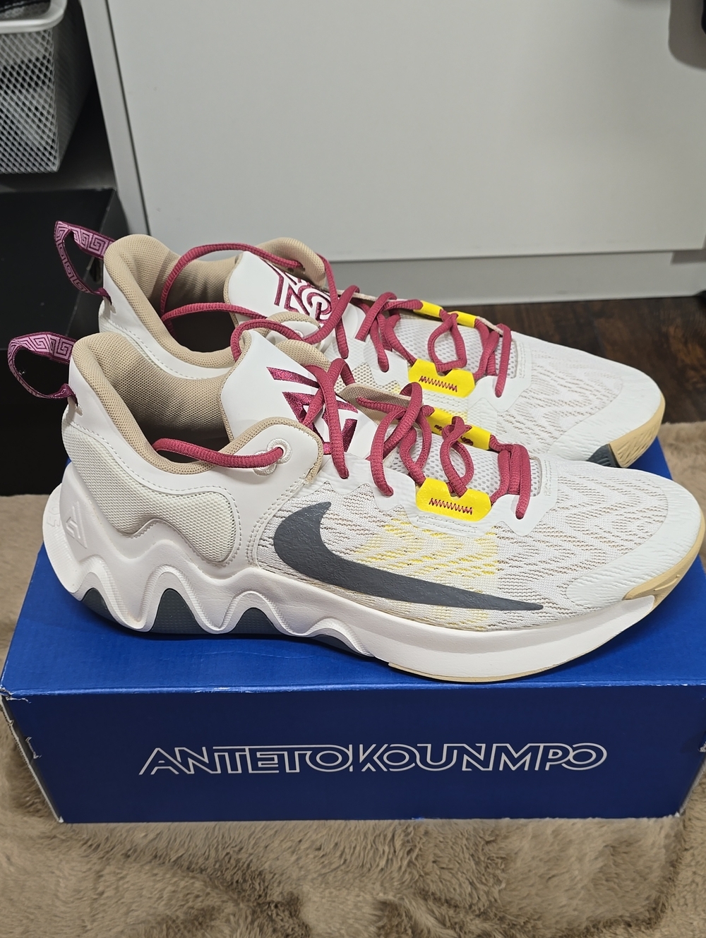 Nike White Trainers with Maroon Laces & Yellow Accents